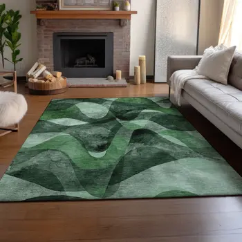 5' X 8' Fern Green Gray And Ivory Abstract Washable Area Rug With UV Protection