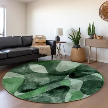 8' Fern Green Gray And Ivory Abstract Washable Round Rug With UV Protection