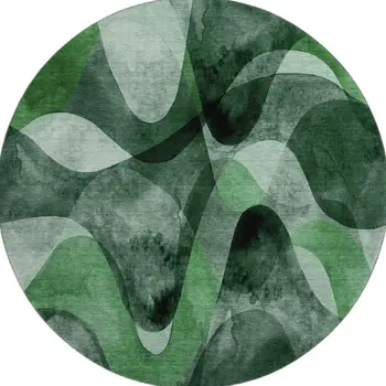 8' Fern Green Gray And Ivory Abstract Washable Round Rug With UV Protection