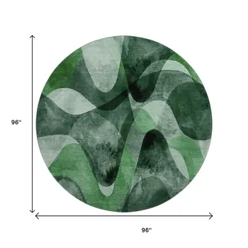 8' Fern Green Gray And Ivory Abstract Washable Round Rug With UV Protection
