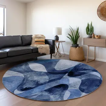 8' Navy Blue And Ivory Abstract Washable Round Rug With UV Protection
