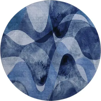 8' Navy Blue And Ivory Abstract Washable Round Rug With UV Protection