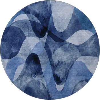 8' Navy Blue And Ivory Abstract Washable Round Rug With UV Protection