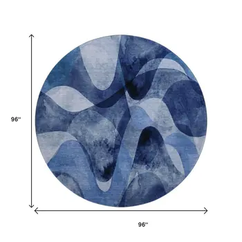8' Navy Blue And Ivory Abstract Washable Round Rug With UV Protection