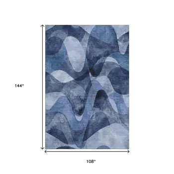 9' X 12' Navy Blue And Ivory Abstract Washable Area Rug With UV Protection
