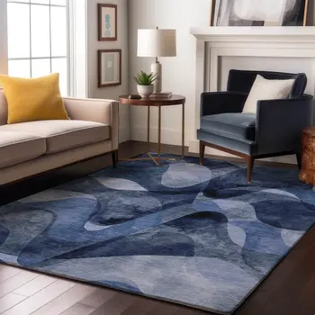 10' X 14' Navy Blue And Ivory Abstract Washable Area Rug With UV Protection