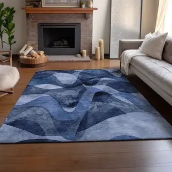 10' X 14' Navy Blue And Ivory Abstract Washable Area Rug With UV Protection