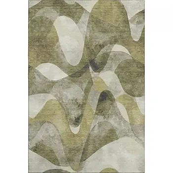 3' X 5' Olive Green Gray And Ivory Abstract Washable Area Rug With UV Protection