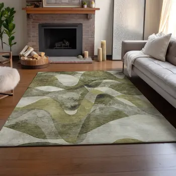 3' X 5' Olive Green Gray And Ivory Abstract Washable Area Rug With UV Protection