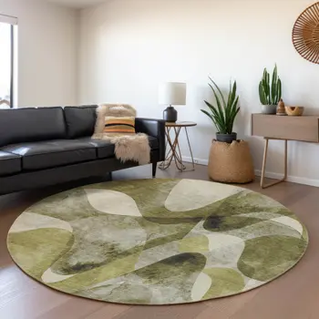 8' Olive Green Gray And Ivory Abstract Washable Round Rug With UV Protection