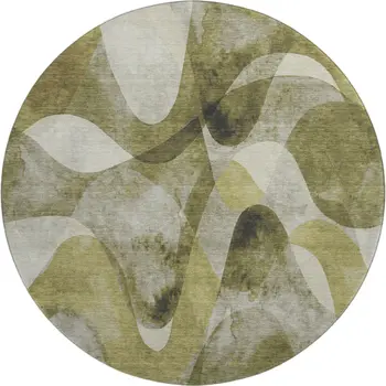 8' Olive Green Gray And Ivory Abstract Washable Round Rug With UV Protection