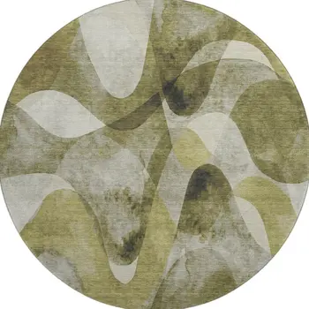 8' Olive Green Gray And Ivory Abstract Washable Round Rug With UV Protection