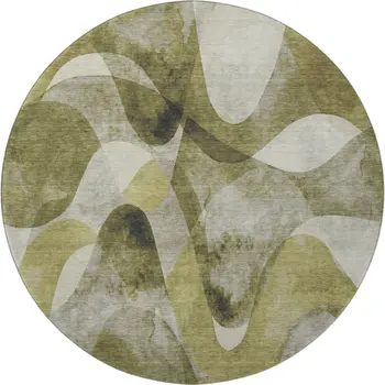 8' Olive Green Gray And Ivory Abstract Washable Round Rug With UV Protection