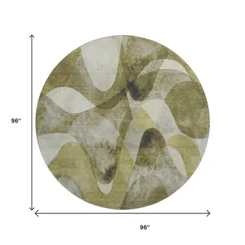 8' Olive Green Gray And Ivory Abstract Washable Round Rug With UV Protection