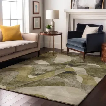 8' X 10' Olive Green Gray And Ivory Abstract Washable Area Rug With UV Protection