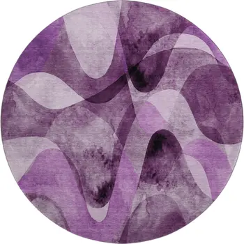 8' Purple And Ivory Abstract Washable Round Rug With UV Protection