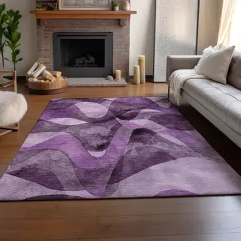 8' X 10' Purple And Ivory Abstract Washable Area Rug With UV Protection