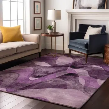 10' X 14' Purple And Ivory Abstract Washable Area Rug With UV Protection