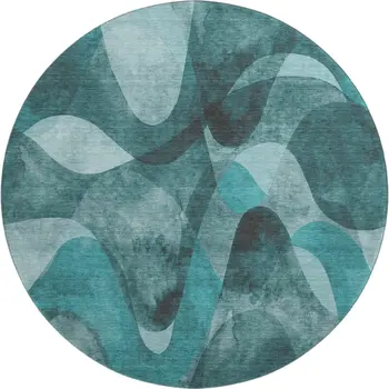 8' Teal And Ivory Abstract Washable Round Rug With UV Protection