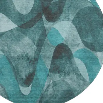 8' Teal And Ivory Abstract Washable Round Rug With UV Protection