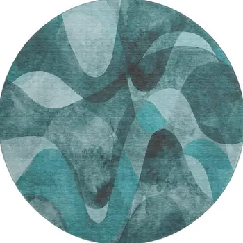 8' Teal And Ivory Abstract Washable Round Rug With UV Protection
