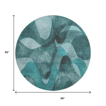 8' Teal And Ivory Abstract Washable Round Rug With UV Protection