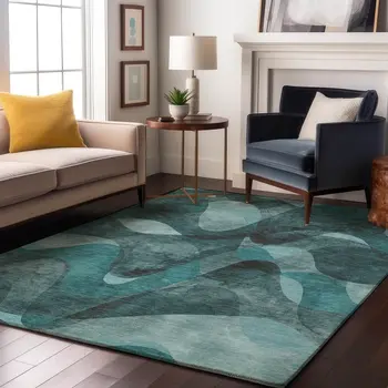 8' X 10' Teal And Ivory Abstract Washable Area Rug With UV Protection