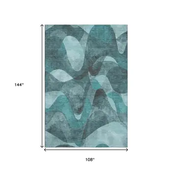 9' X 12' Teal And Ivory Abstract Washable Area Rug With UV Protection