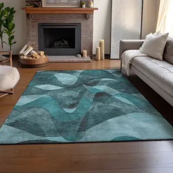10' X 14' Teal And Ivory Abstract Washable Area Rug With UV Protection