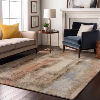 3' X 5' Beige Blue And Ivory Abstract Washable Area Rug With UV Protection