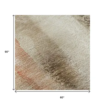5' X 8' Beige Blue And Ivory Abstract Washable Area Rug With UV Protection