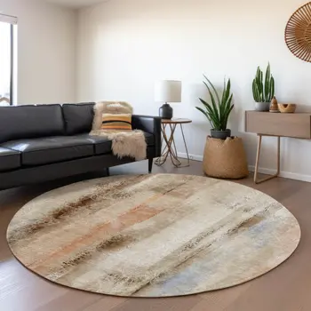 8' Beige Blue And Ivory Abstract Washable Round Rug With UV Protection