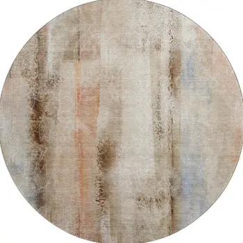 8' Beige Blue And Ivory Abstract Washable Round Rug With UV Protection