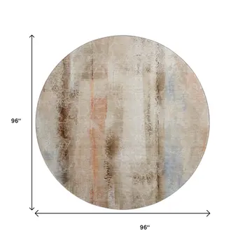 8' Beige Blue And Ivory Abstract Washable Round Rug With UV Protection