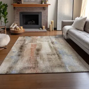 8' X 10' Beige Blue And Ivory Abstract Washable Area Rug With UV Protection
