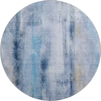 8' Blue And Ivory Abstract Washable Round Rug With UV Protection