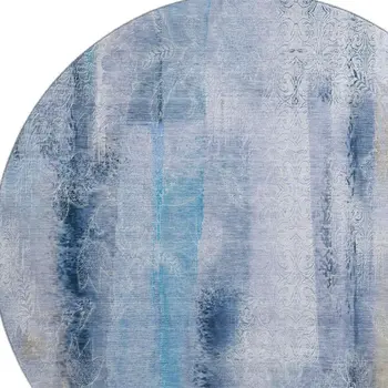 8' Blue And Ivory Abstract Washable Round Rug With UV Protection