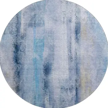 8' Blue And Ivory Abstract Washable Round Rug With UV Protection
