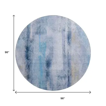 8' Blue And Ivory Abstract Washable Round Rug With UV Protection