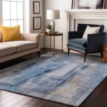 8' X 10' Blue And Ivory Abstract Washable Area Rug With UV Protection