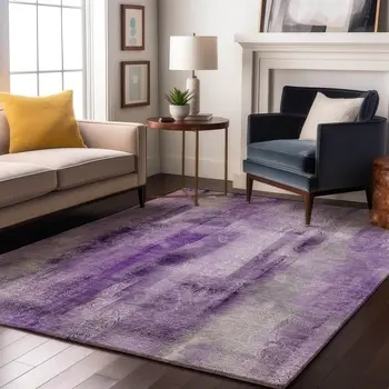 10' X 14' Purple And Ivory Abstract Washable Area Rug With UV Protection