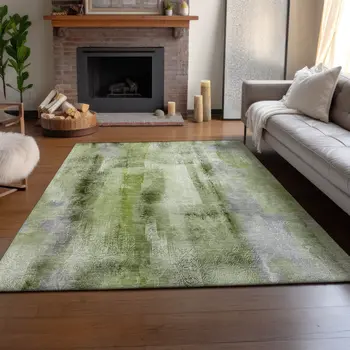 3' X 5' Sage And Ivory Abstract Washable Area Rug With UV Protection