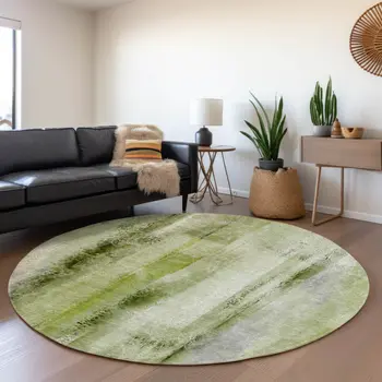 8' Sage And Ivory Abstract Washable Round Rug With UV Protection