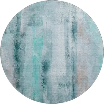 8' Teal And Ivory Abstract Washable Round Rug With UV Protection