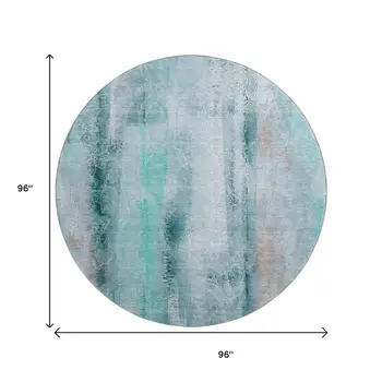 8' Teal And Ivory Abstract Washable Round Rug With UV Protection