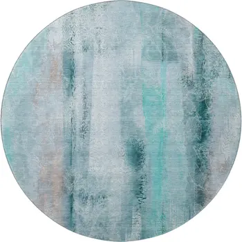 8' Teal And Ivory Abstract Washable Round Rug With UV Protection