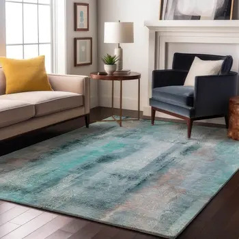 9' X 12' Teal And Ivory Abstract Washable Area Rug With UV Protection