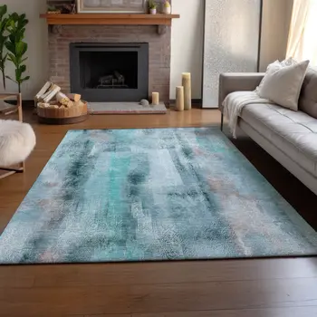 9' X 12' Teal And Ivory Abstract Washable Area Rug With UV Protection
