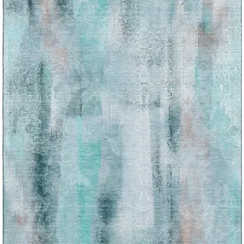 9' X 12' Teal And Ivory Abstract Washable Area Rug With UV Protection