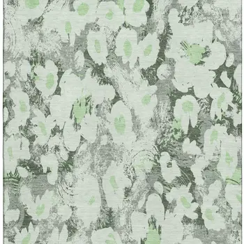 5' X 8' Fern Green Gray And Ivory Floral Washable Area Rug With UV Protection
